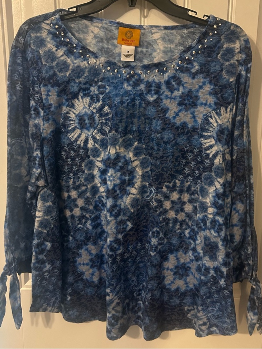 Ruby Rd. Blue Tie-Dye Scoop Neck Tunic with Stud Accents & Sleeve Ties